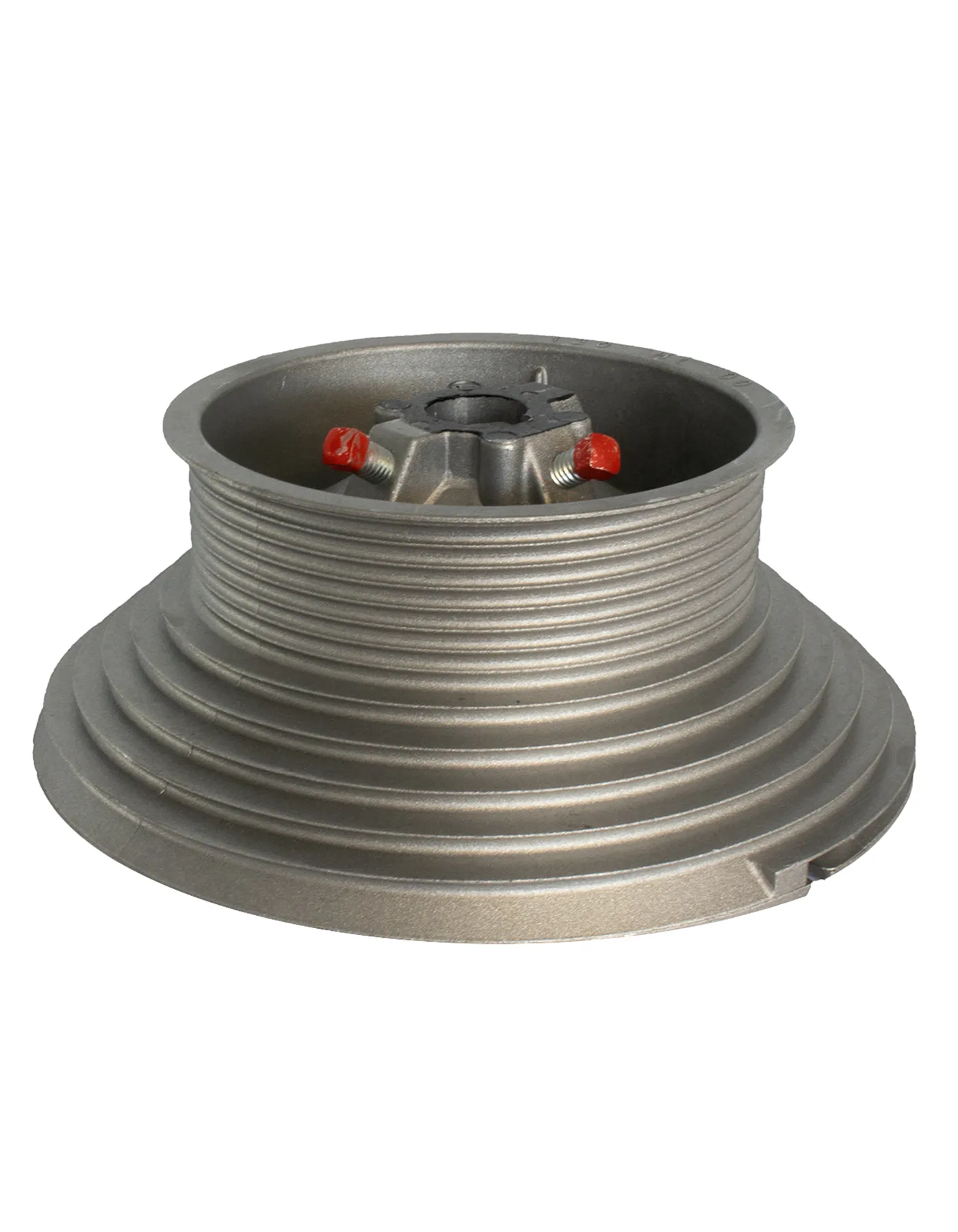 Metal cable drum with concentric ridges and two red-capped bolts in the center hub.