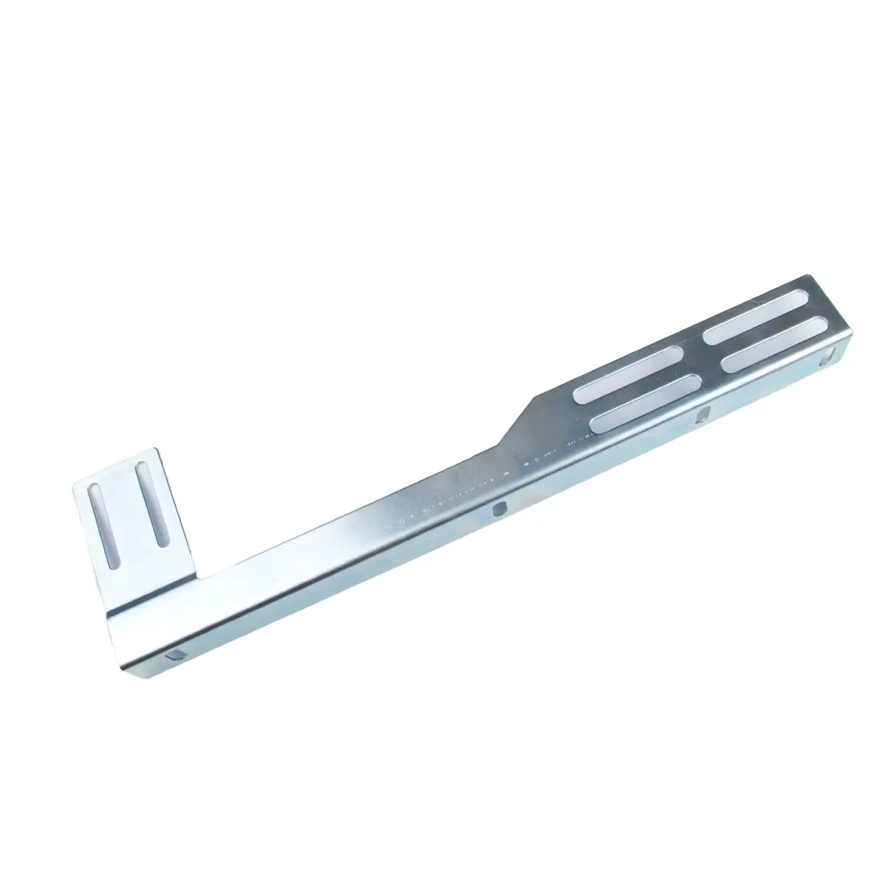 Metal bracket with multiple elongated slots, designed for mounting or support purposes.