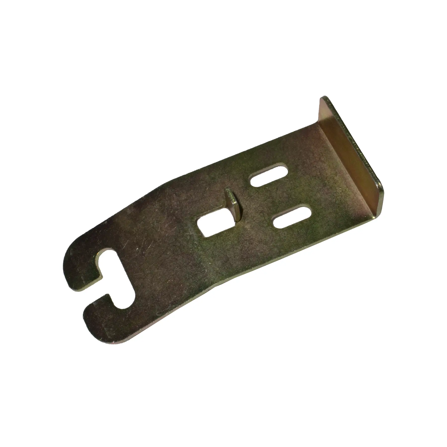 Metal spring anchor bracket with slotted and rectangular holes for mounting.