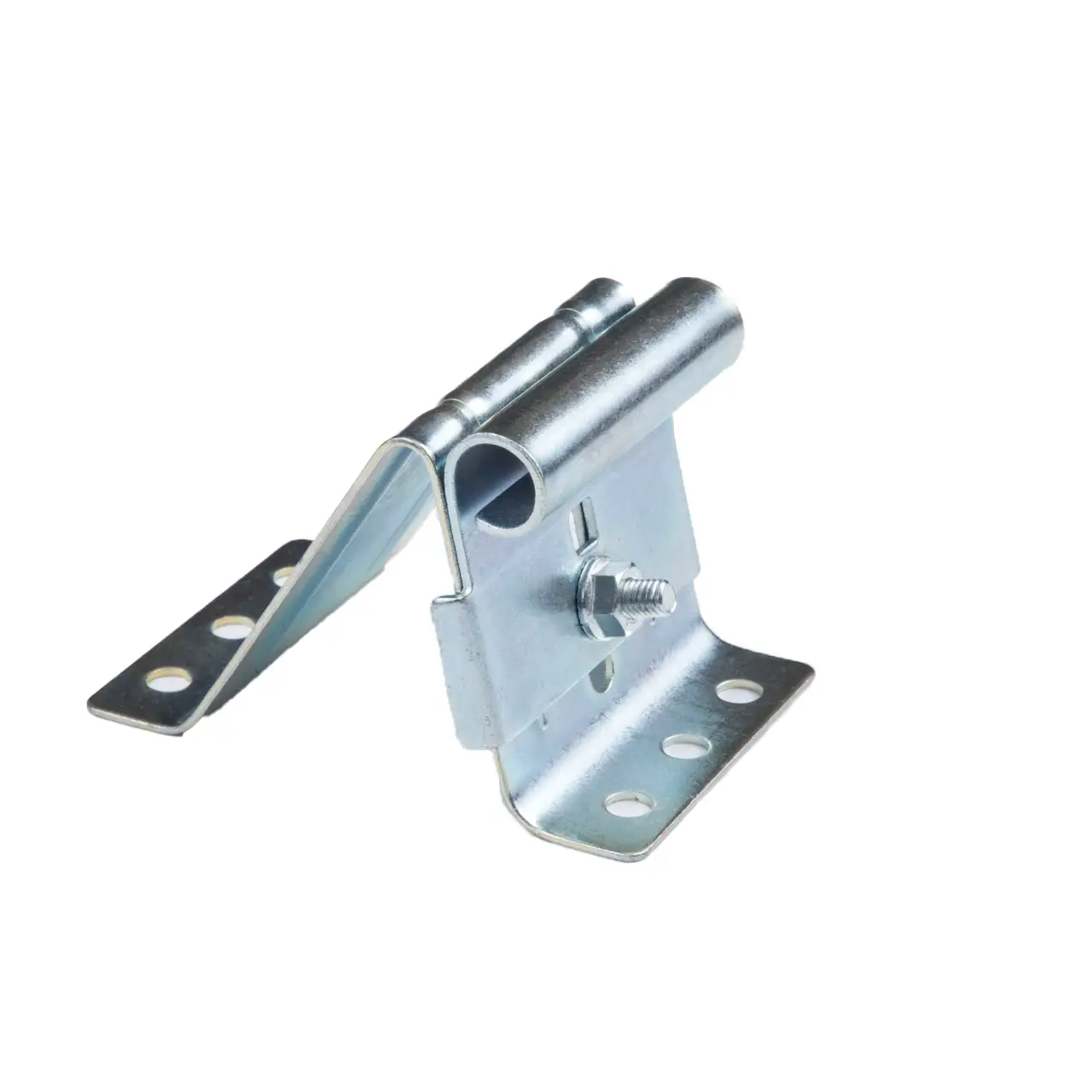 Metal adjustable hinge bracket with multiple mounting holes and a bolt, used for gate or door installation.