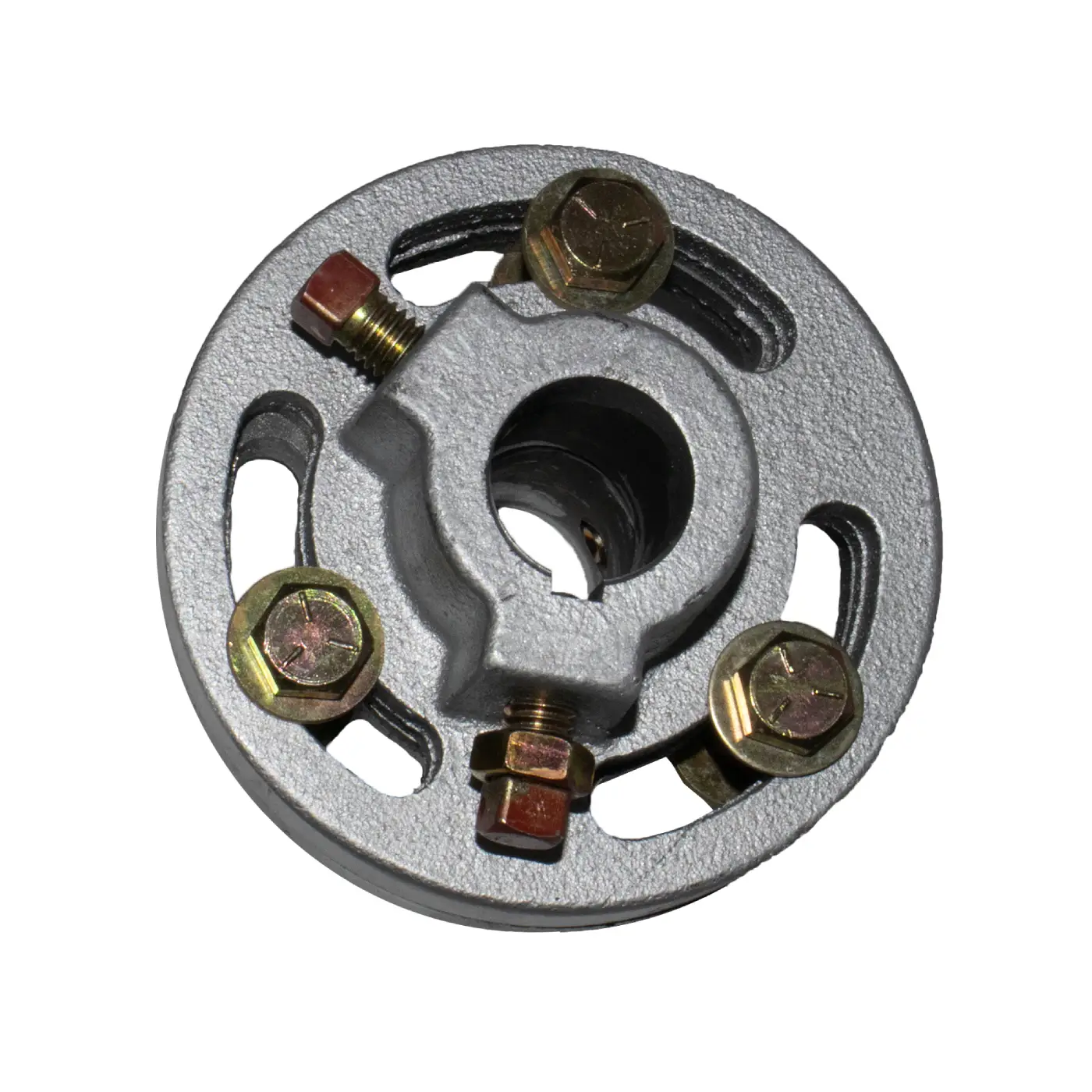 Circular metal shaft coupler with four brass bolts and a central hole for attachment.