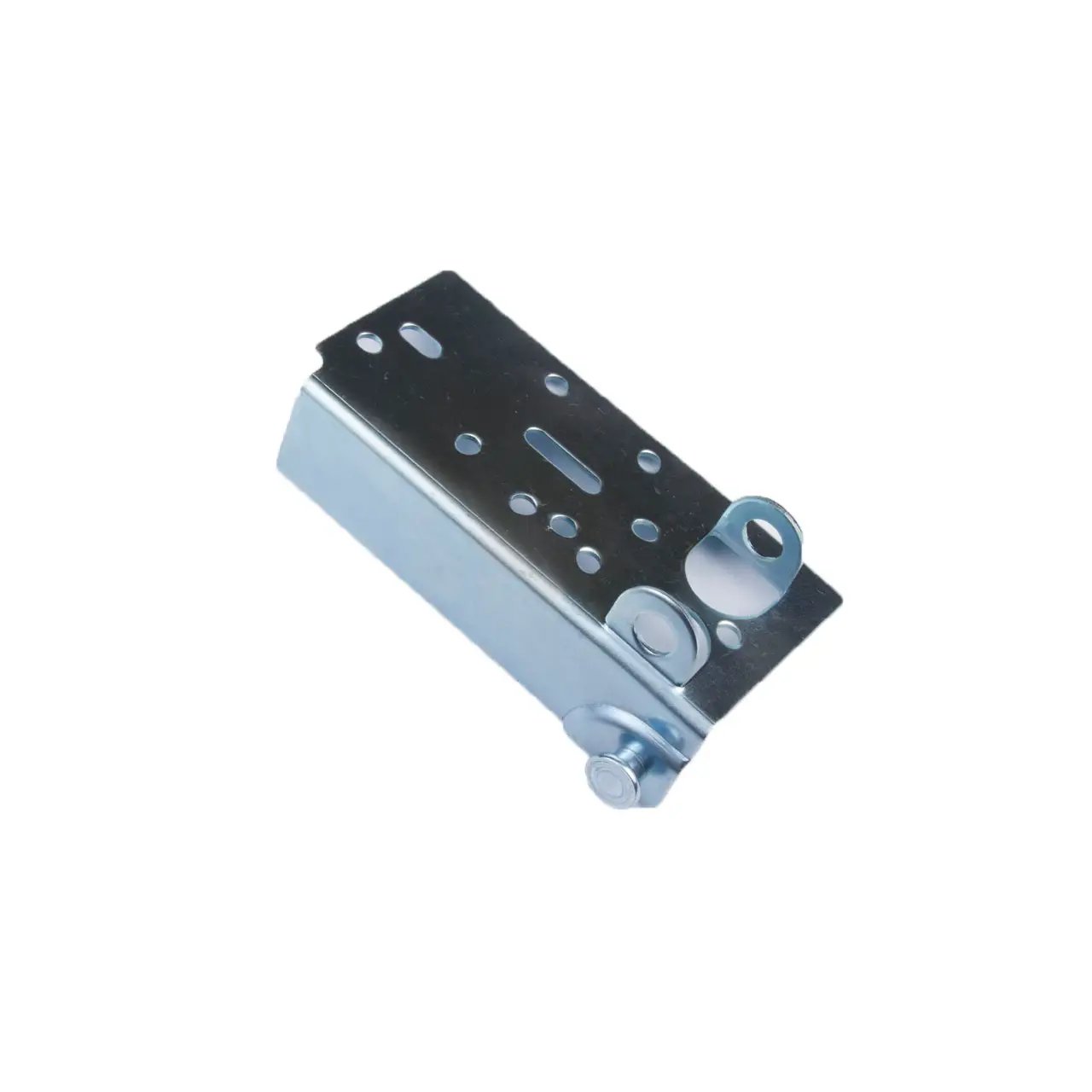 Metal lifting bracket with multiple holes and a bolt, designed for mounting or securing equipment.