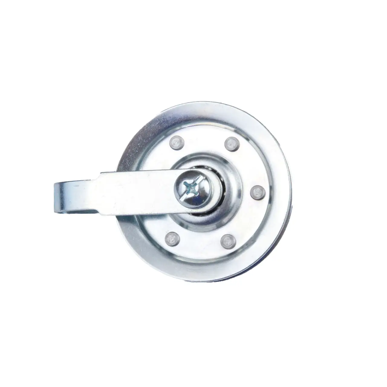 Metal pulley with a mounted bracket and central bolt on a white background.