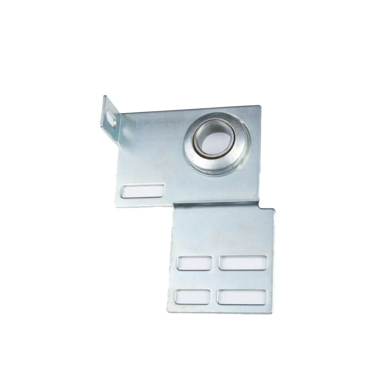 Metal side bearing bracket with circular bearing and rectangular cutouts on a white background.