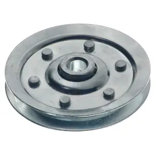 Metal pulley wheel with a central bearing and six surrounding bolts.