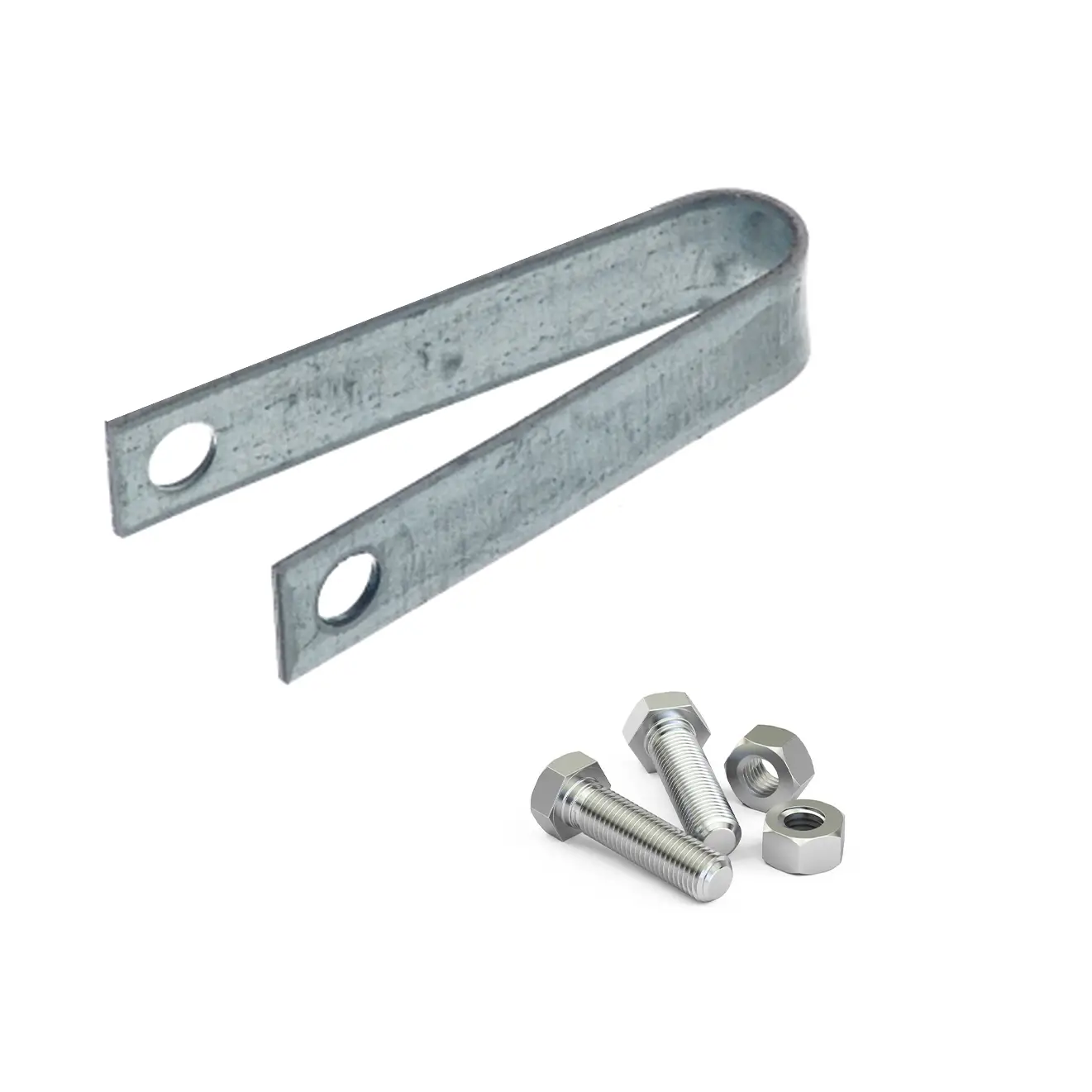 Metal U-shaped clamp with two holes and two hex bolts with matching nuts on a white background.