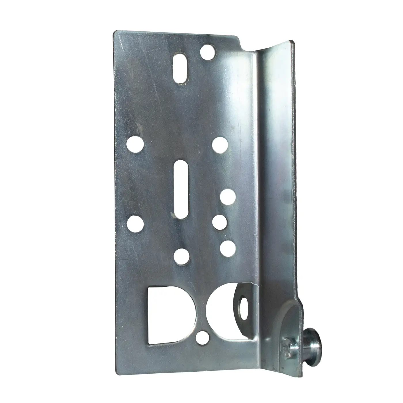 Metal safety bottom bracket with multiple holes and a mounted bolt on one side.