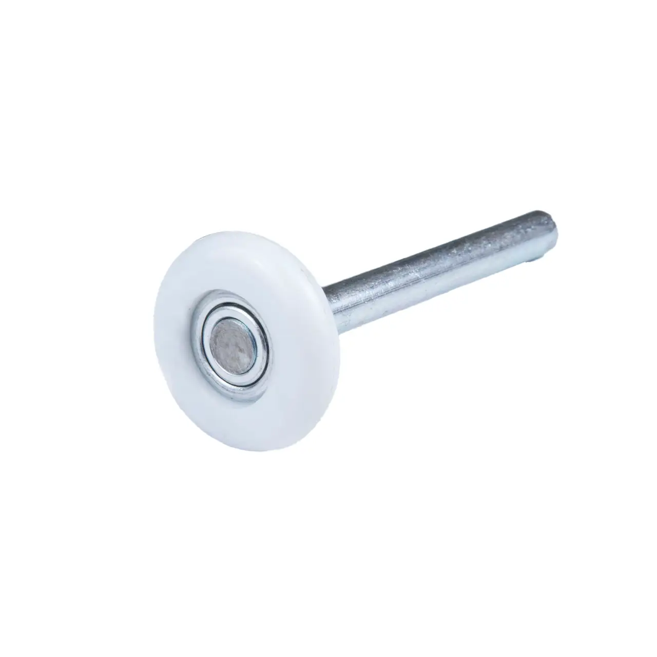 Small metal shaft with a white nylon roller wheel attached on one end.