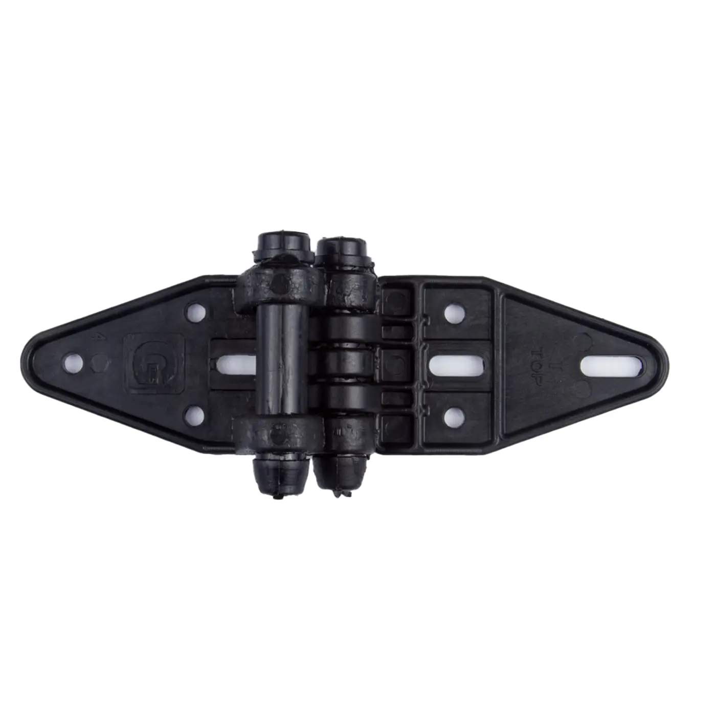 Black plastic hinge with multiple mounting holes and two cylindrical pivot points.