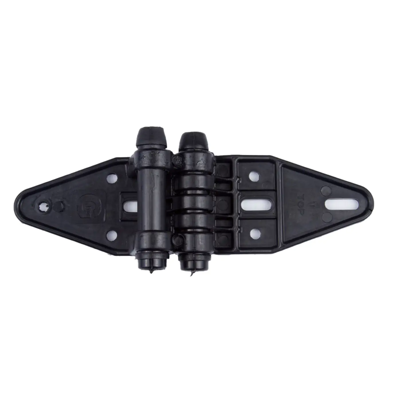 Black plastic hinge with double pivot and mounting holes on both ends.