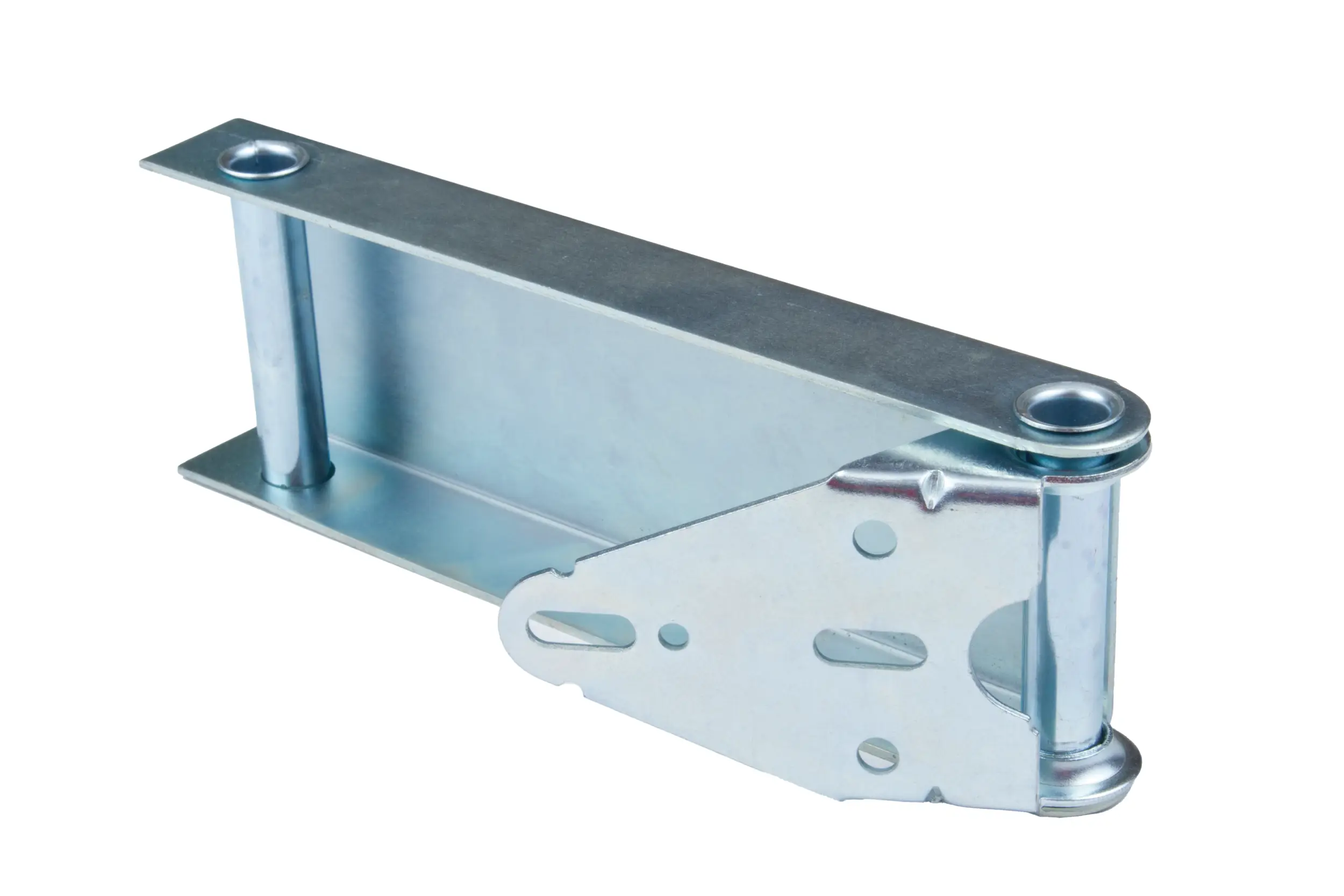 Metal low headroom torsion bracket used for garage door spring installation.