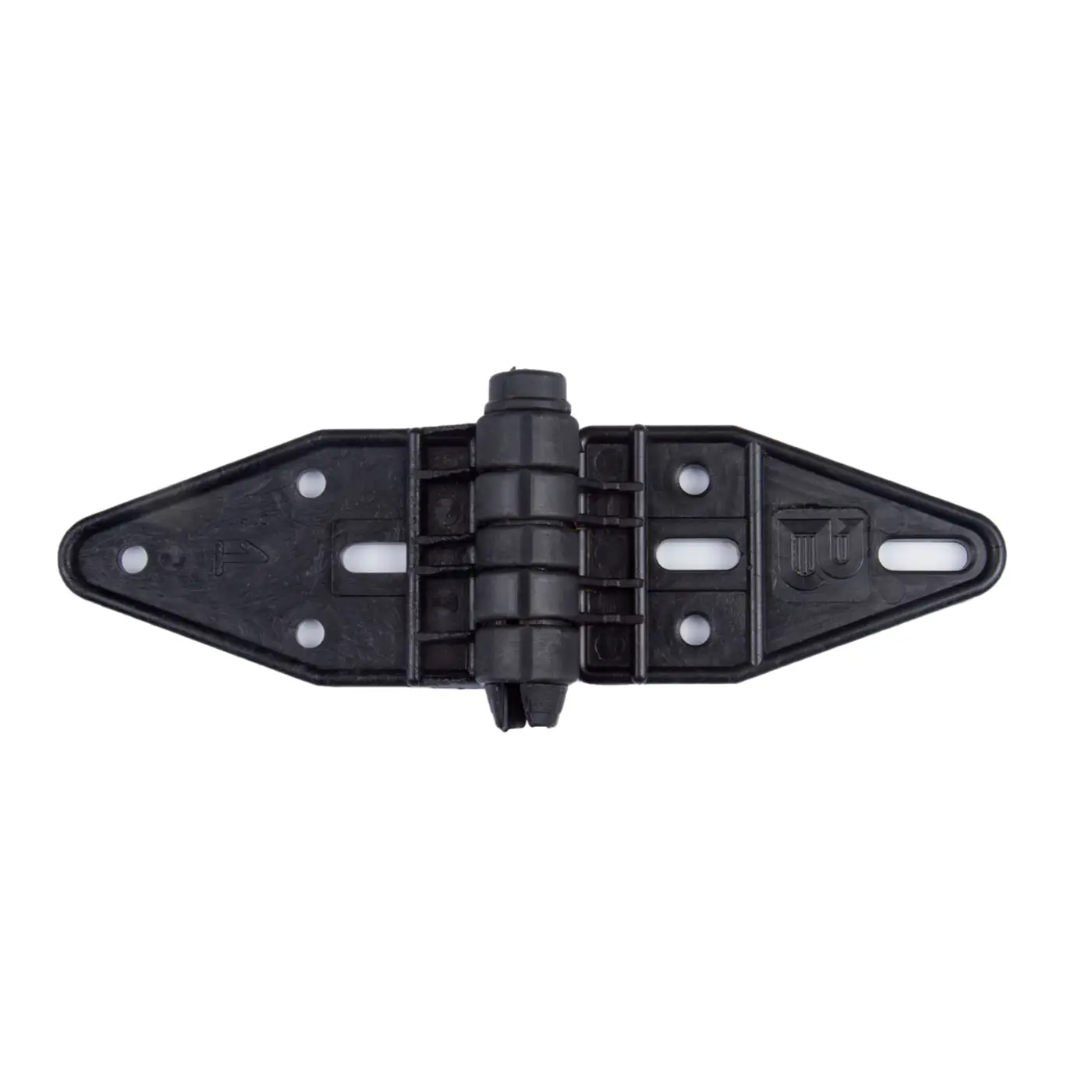 Black plastic hinge with six knuckles and six screw holes.