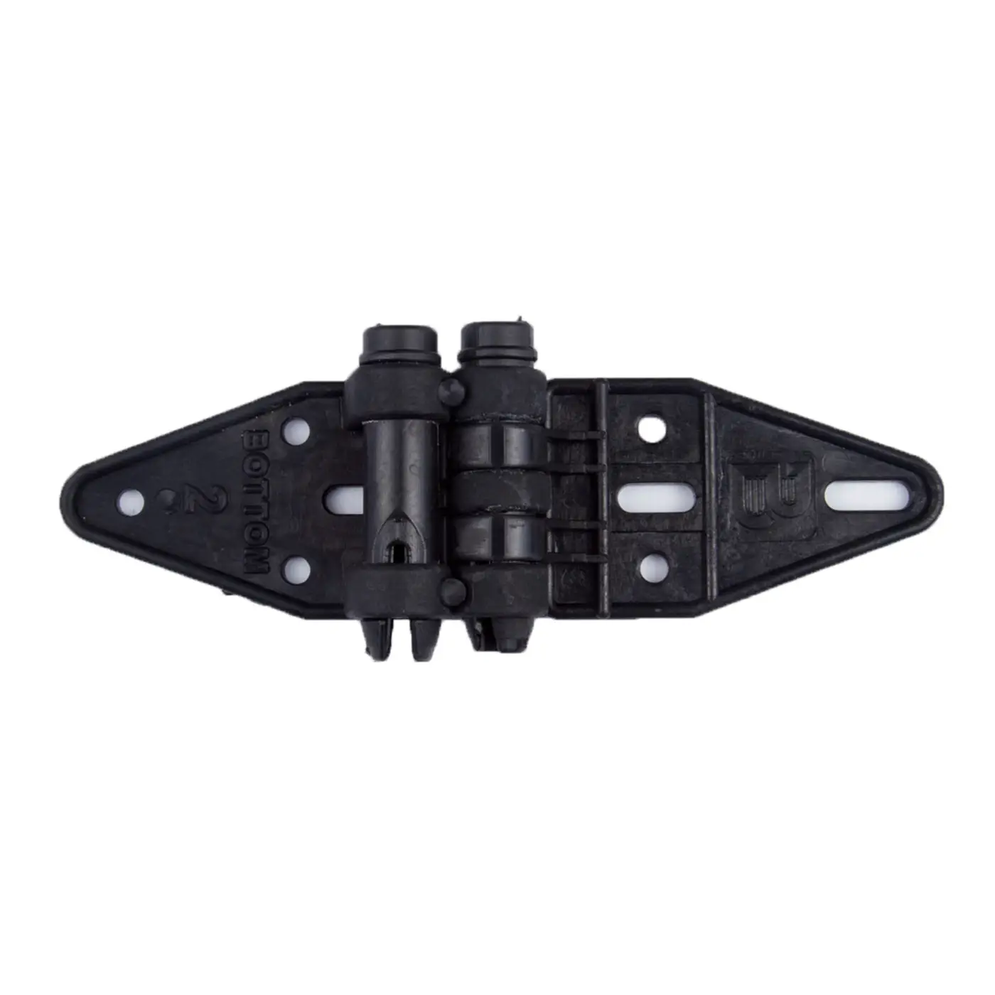 Black plastic hinge with mounting holes and cylindrical pivot mechanism in the center.