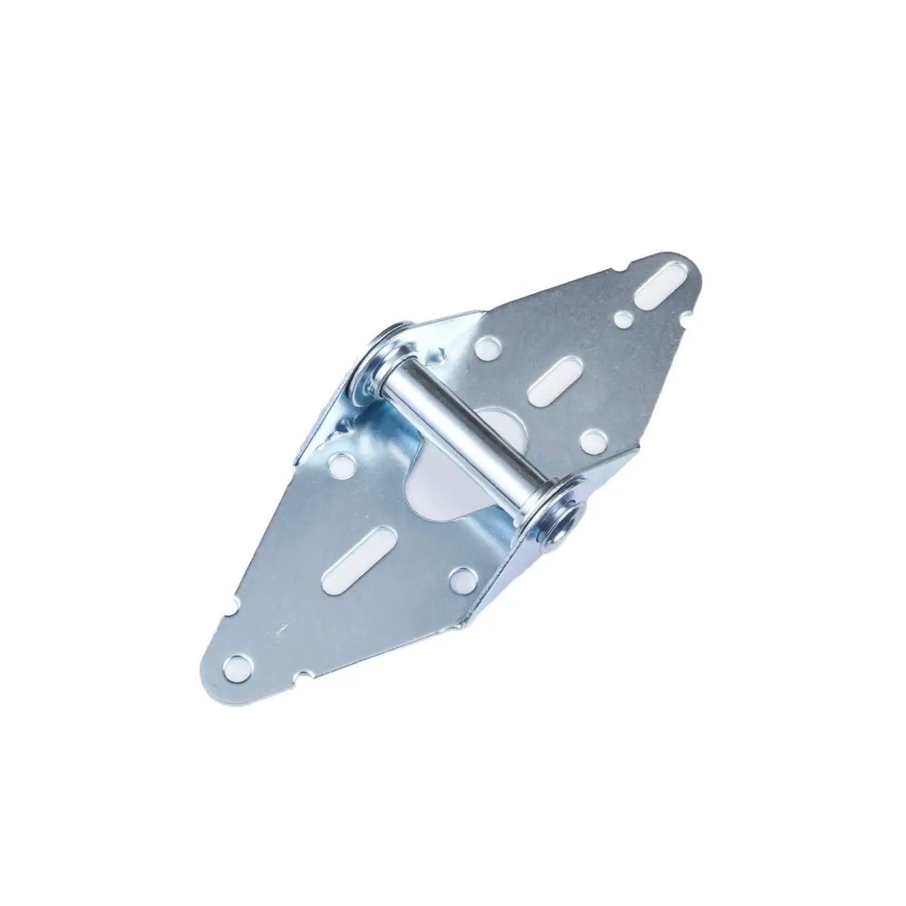 Steel hinge with multiple mounting holes and a central rotating pin against a white background.