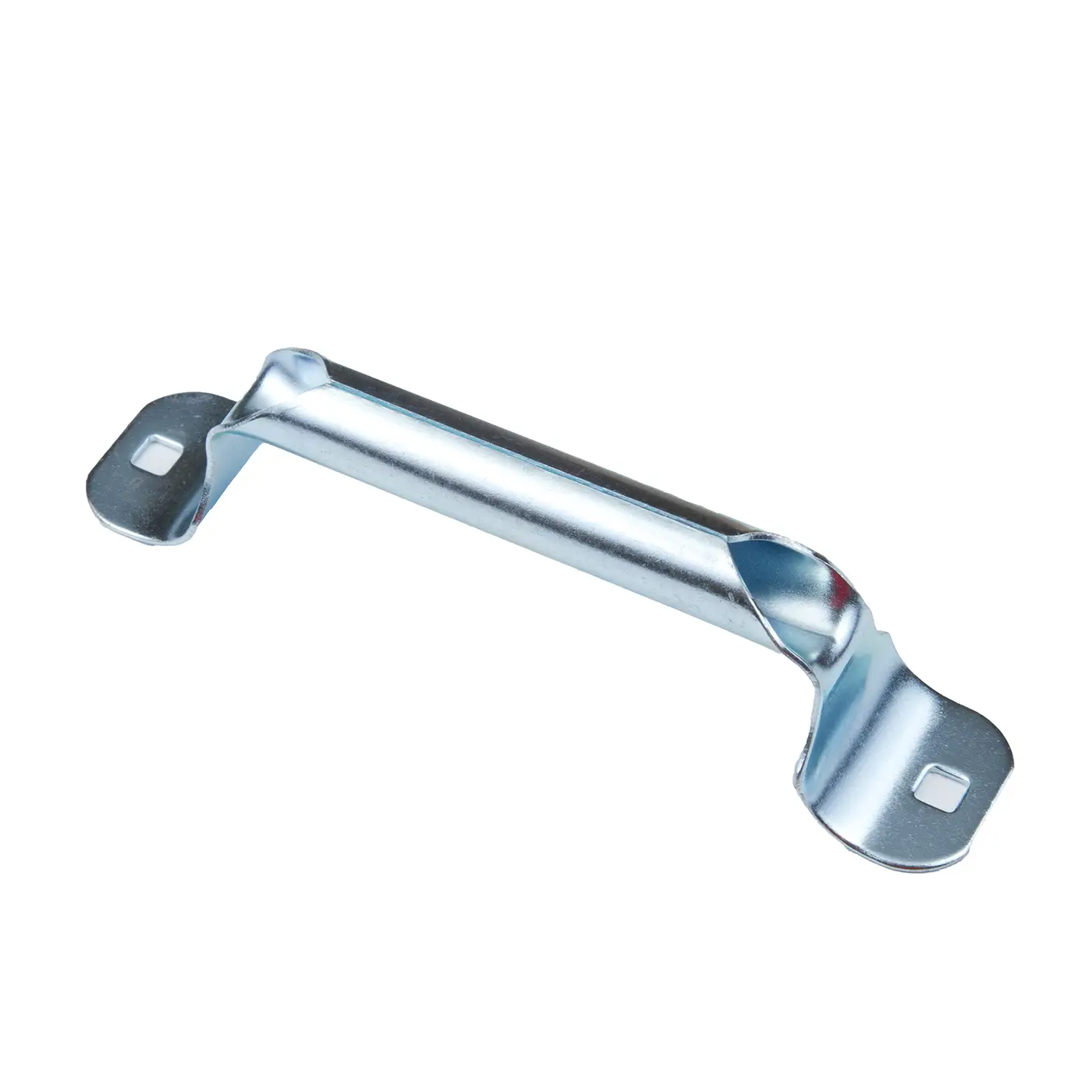 Silver metal lifting handle with square mounting holes on both ends.