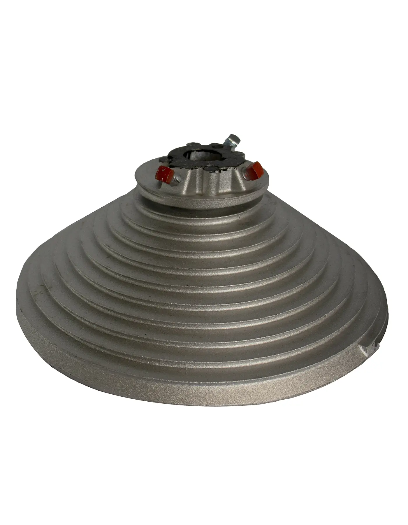 Conical metal cable drum stand lift with concentric ridges and mounting bolts on top.
