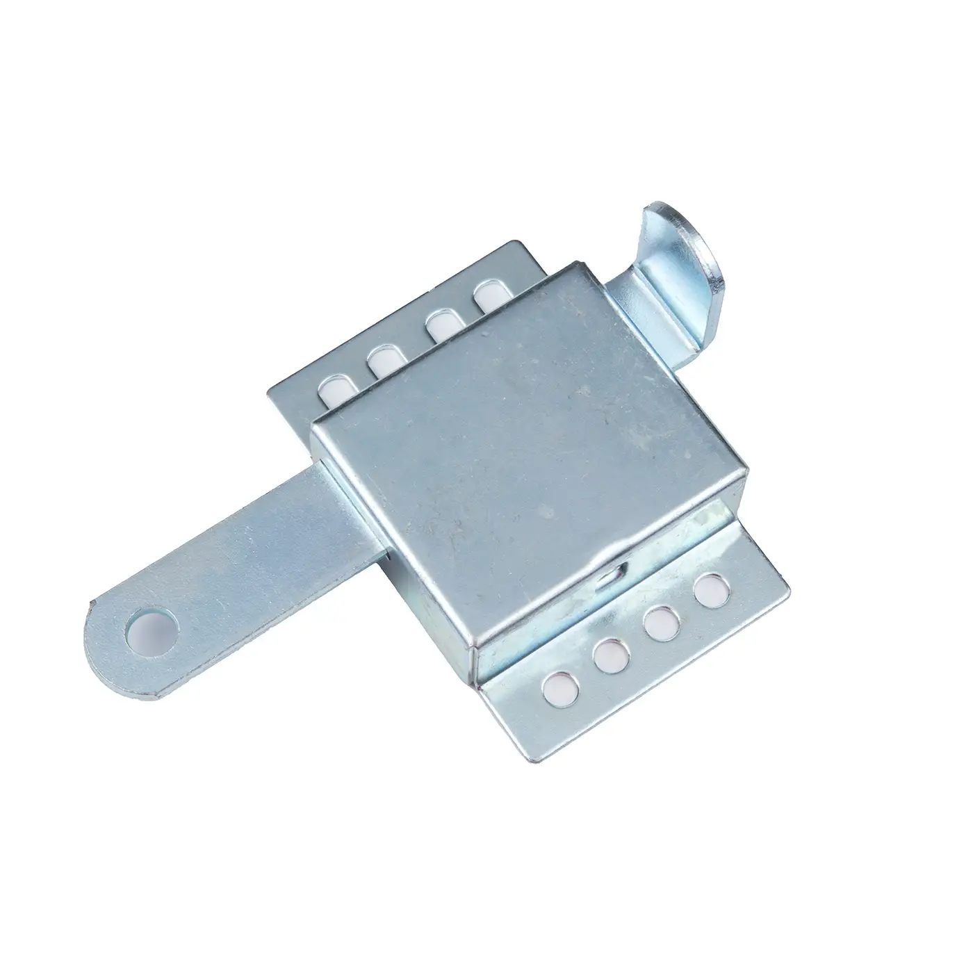 Metal garage door latch with mounting holes on a white background.