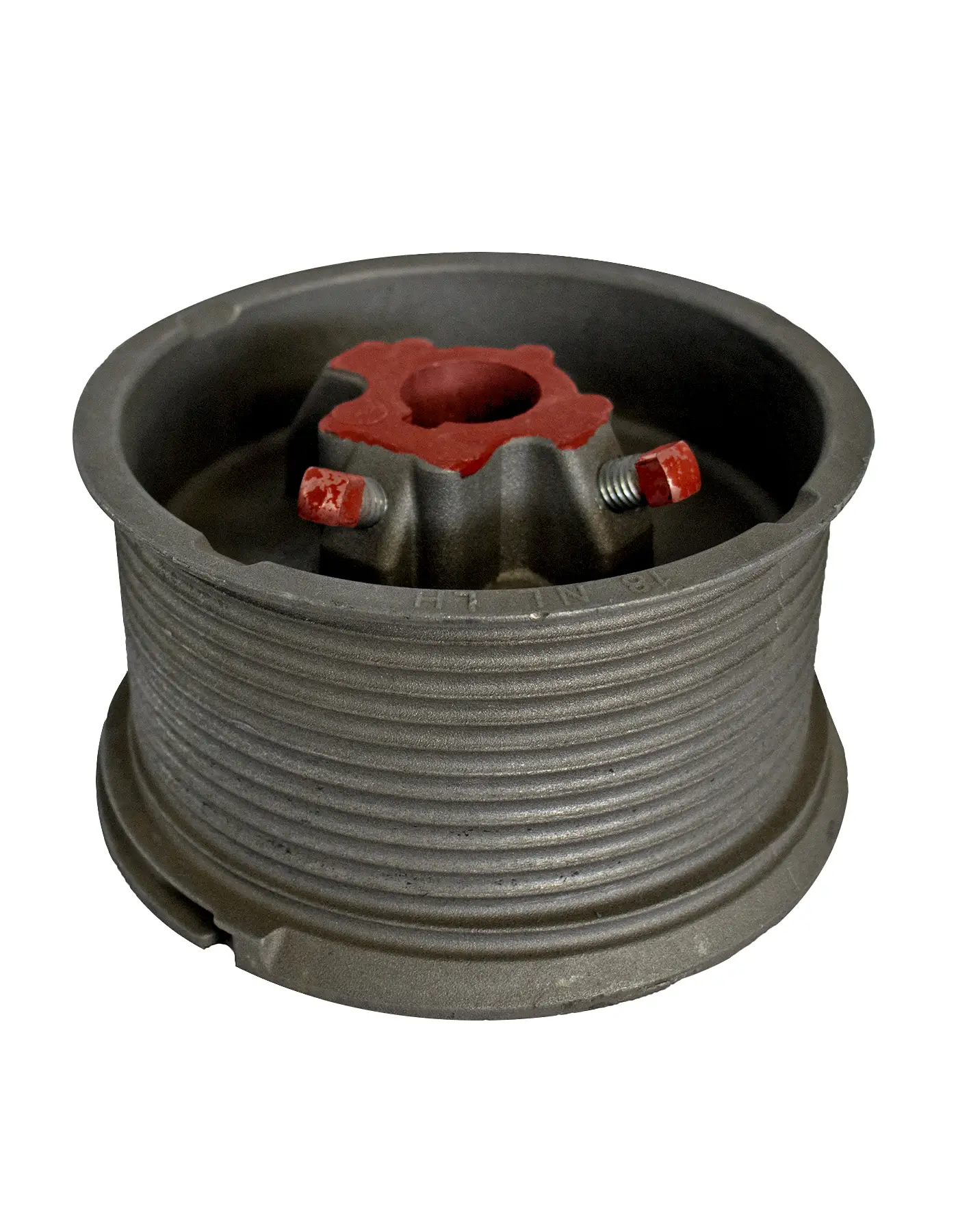 Metal pulley with a grooved outer surface and red-painted central hub bolts.