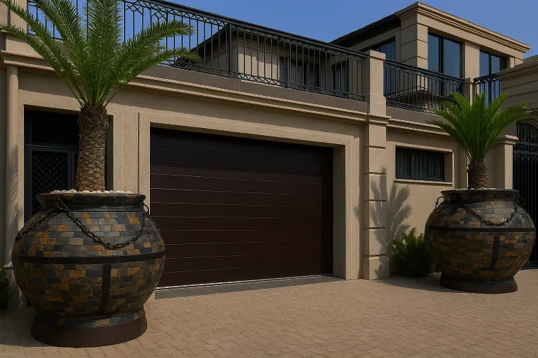 Modern beige house with a large dark brown garage door flanked by two large decorative planters with palm trees.