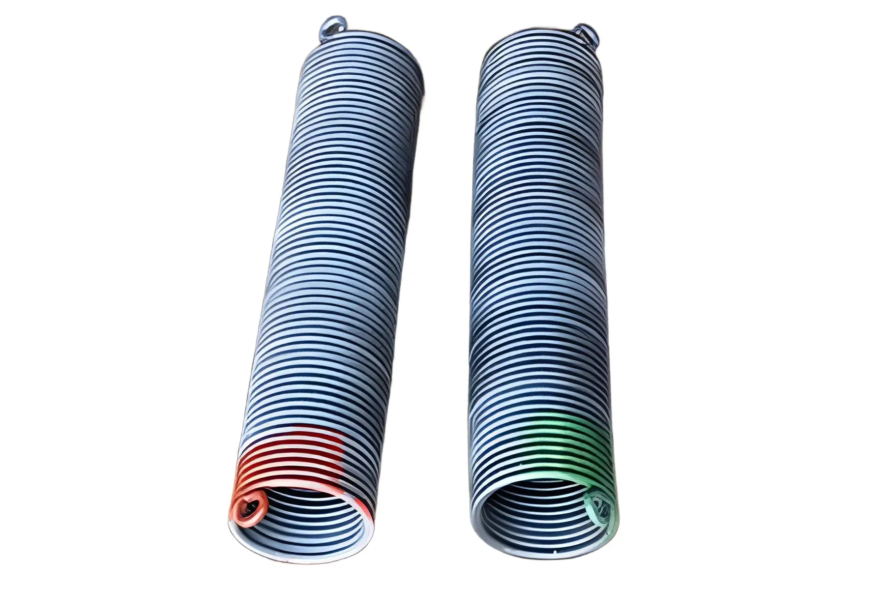 Two coiled metal springs with black and white stripes, one with red marking and the other with green marking at the bottom ends.