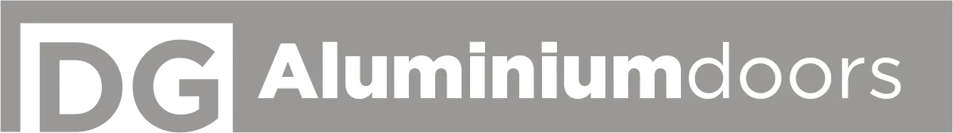 Text logo with initials 'DG' followed by 'Aluminium doors' on a gray background.