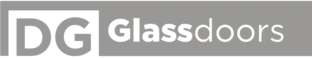 Logo with stylized letters DG followed by the text Glass doors on a gray background.