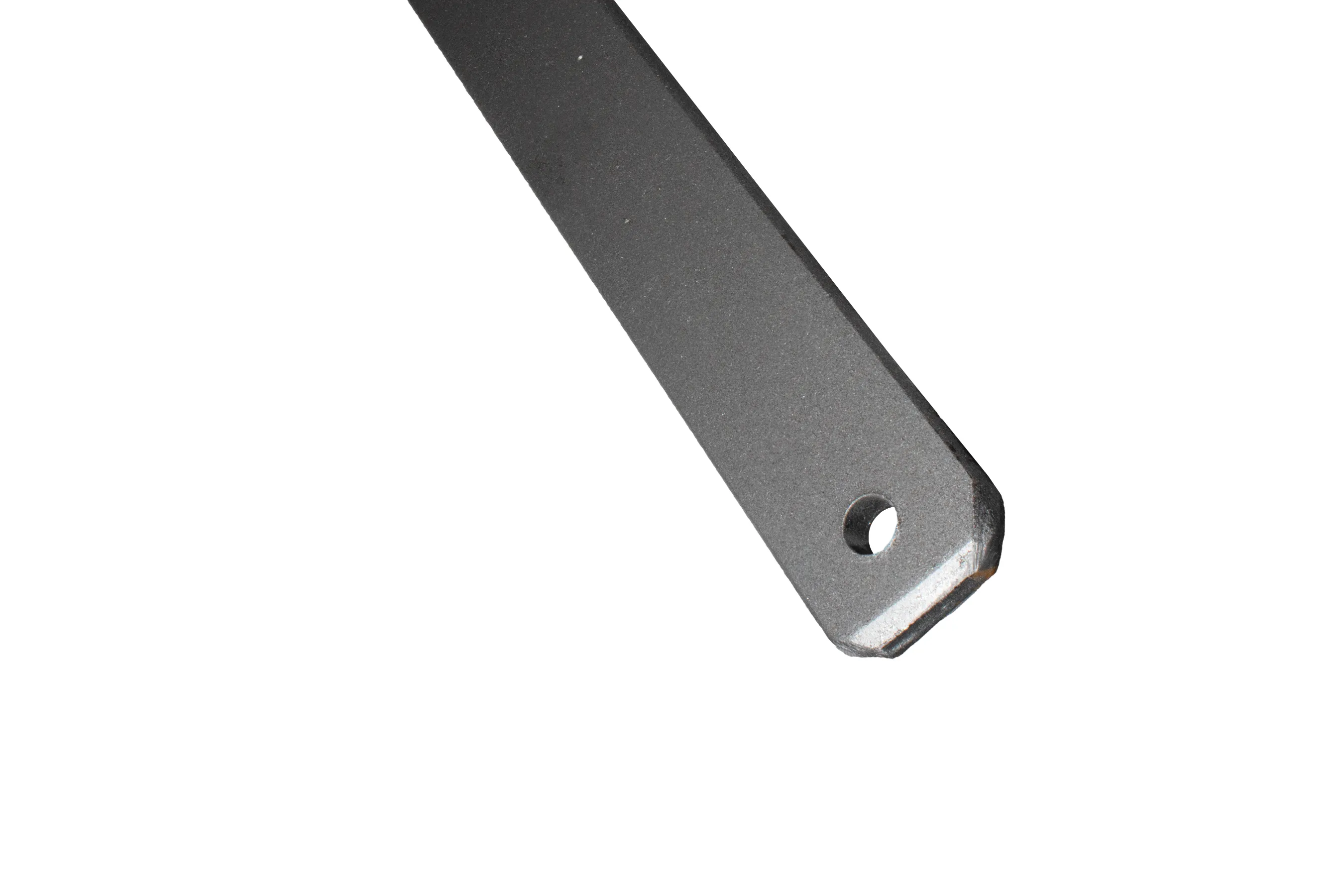 Close-up of a black metal bar with a rounded end and a circular hole near the tip.