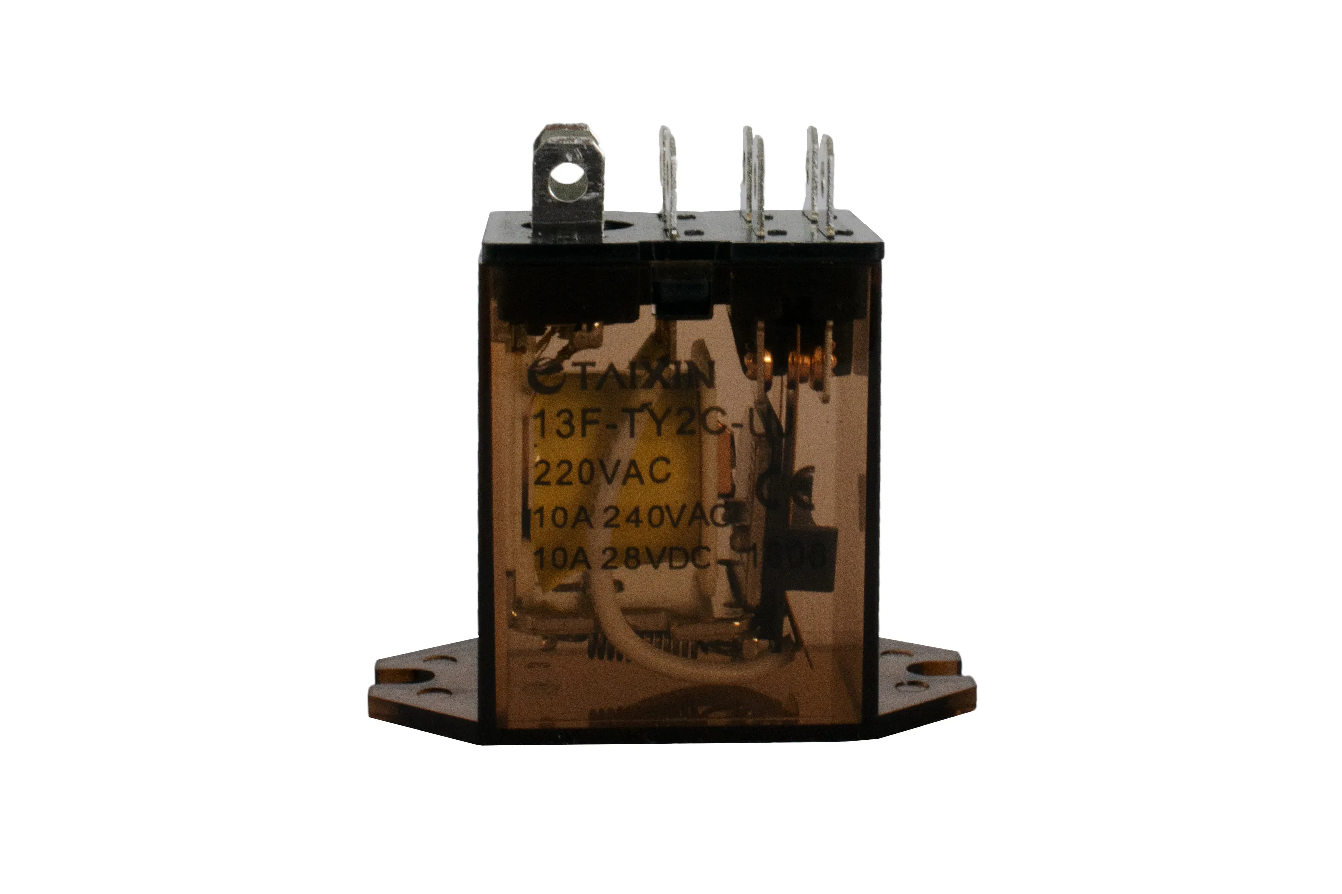 Electrical relay device with a transparent brown casing revealing internal components and metal terminals on top.