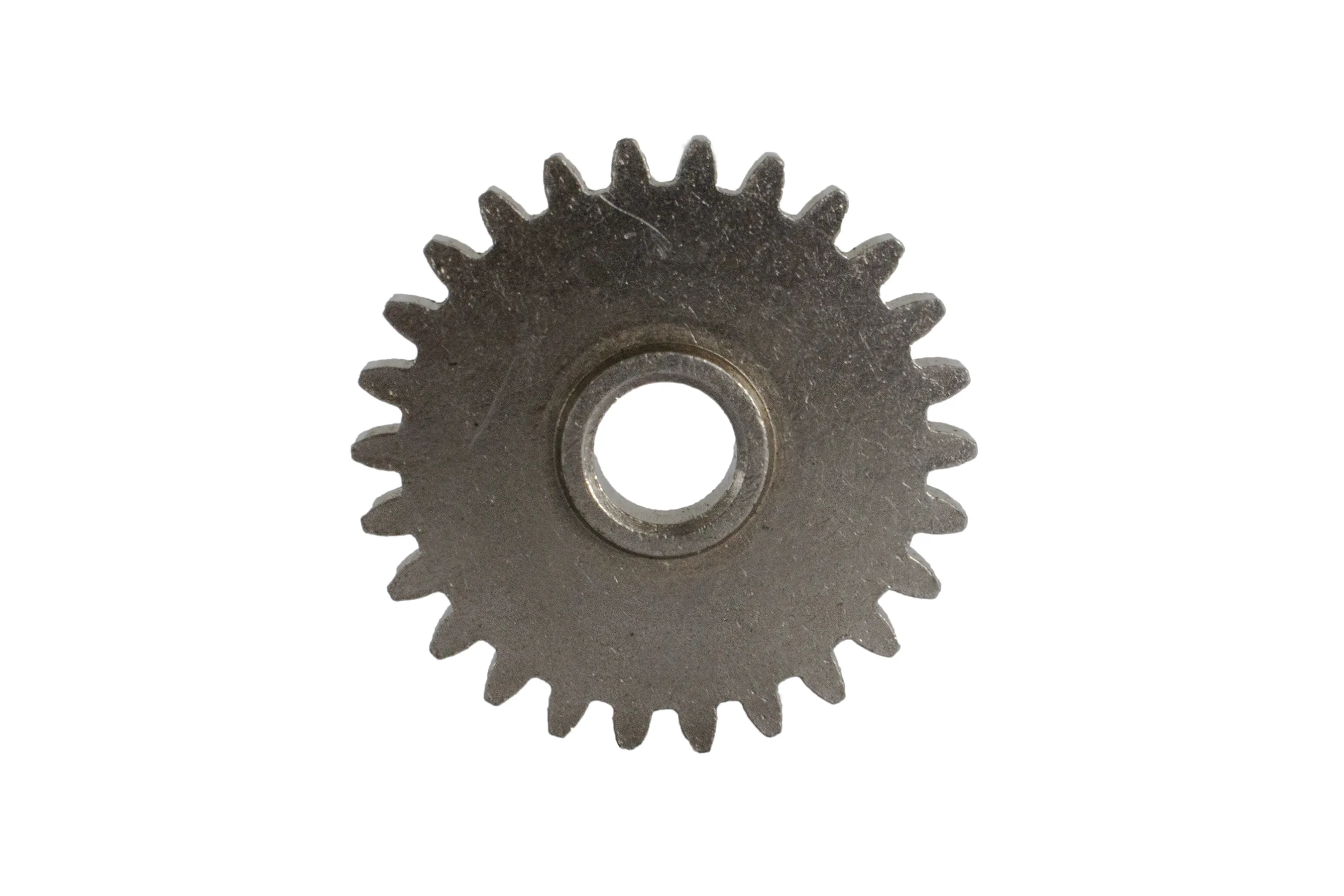 Metal sprocket gear with evenly spaced teeth and a central hole on a white background.
