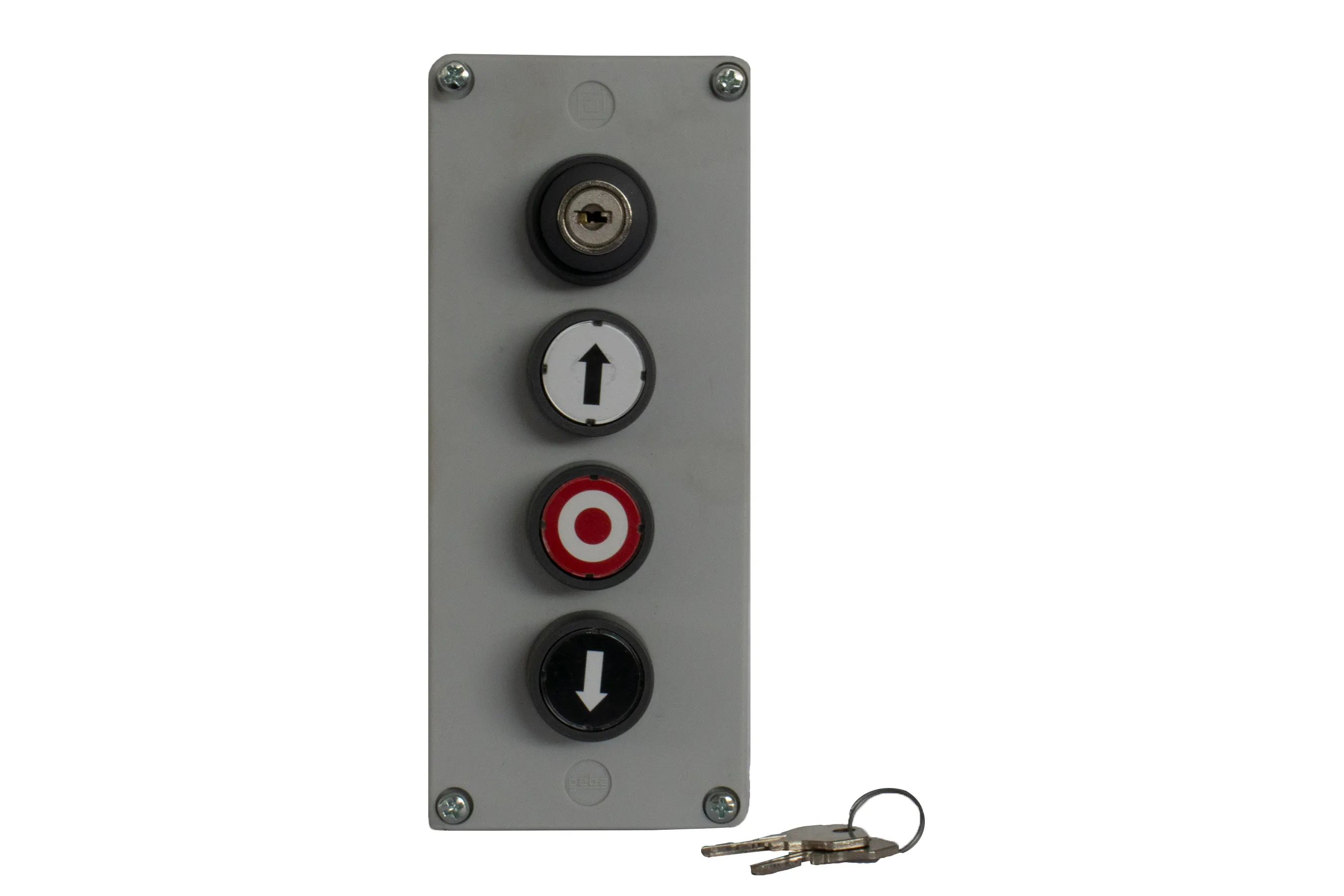 Gray vertical control panel with a key switch at the top, white up arrow button, red target button, and black down arrow button, with a set of keys beside it.