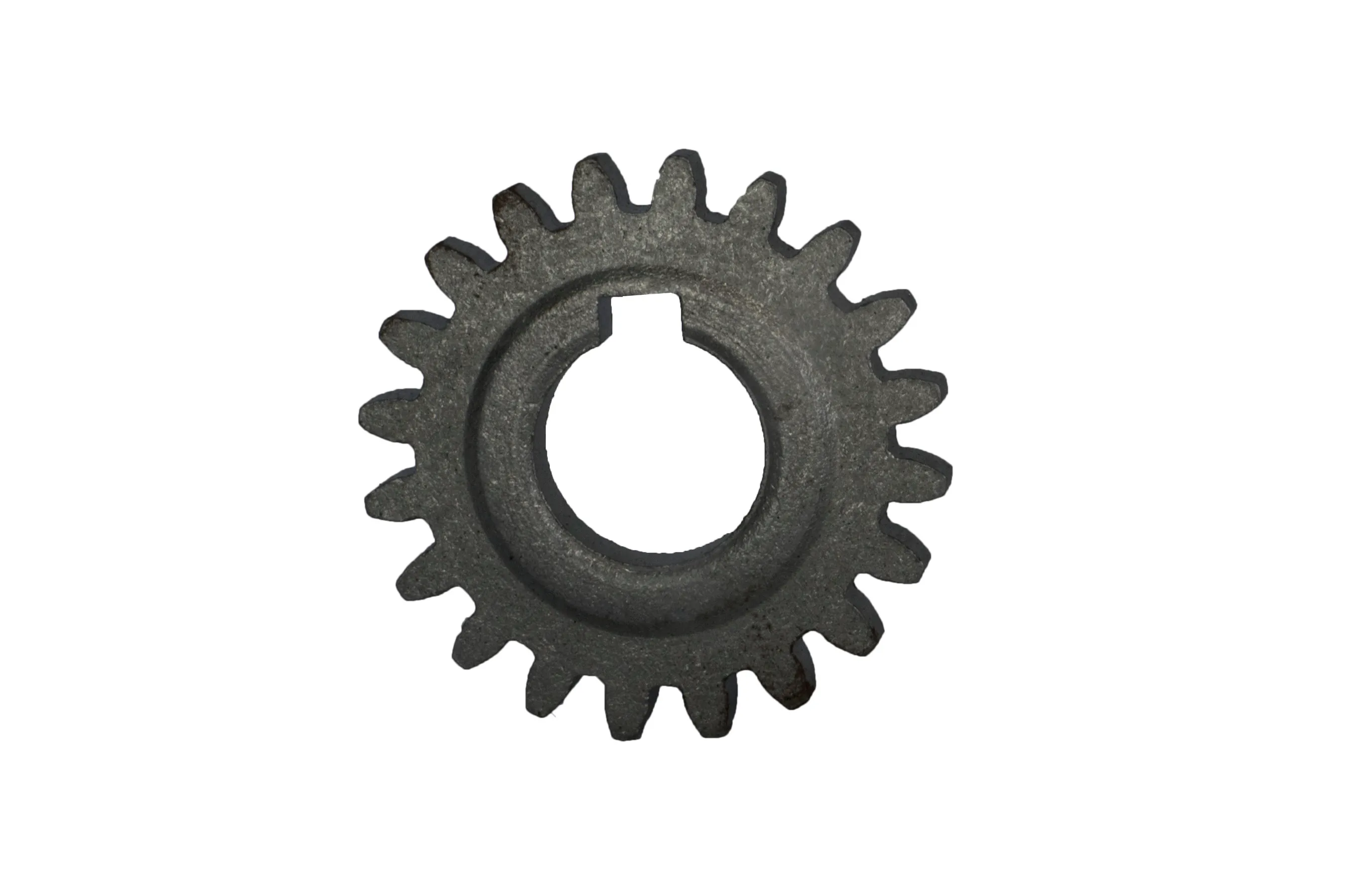 Metal gearbox sprocket with 18 teeth and a central hole with a flat edge.