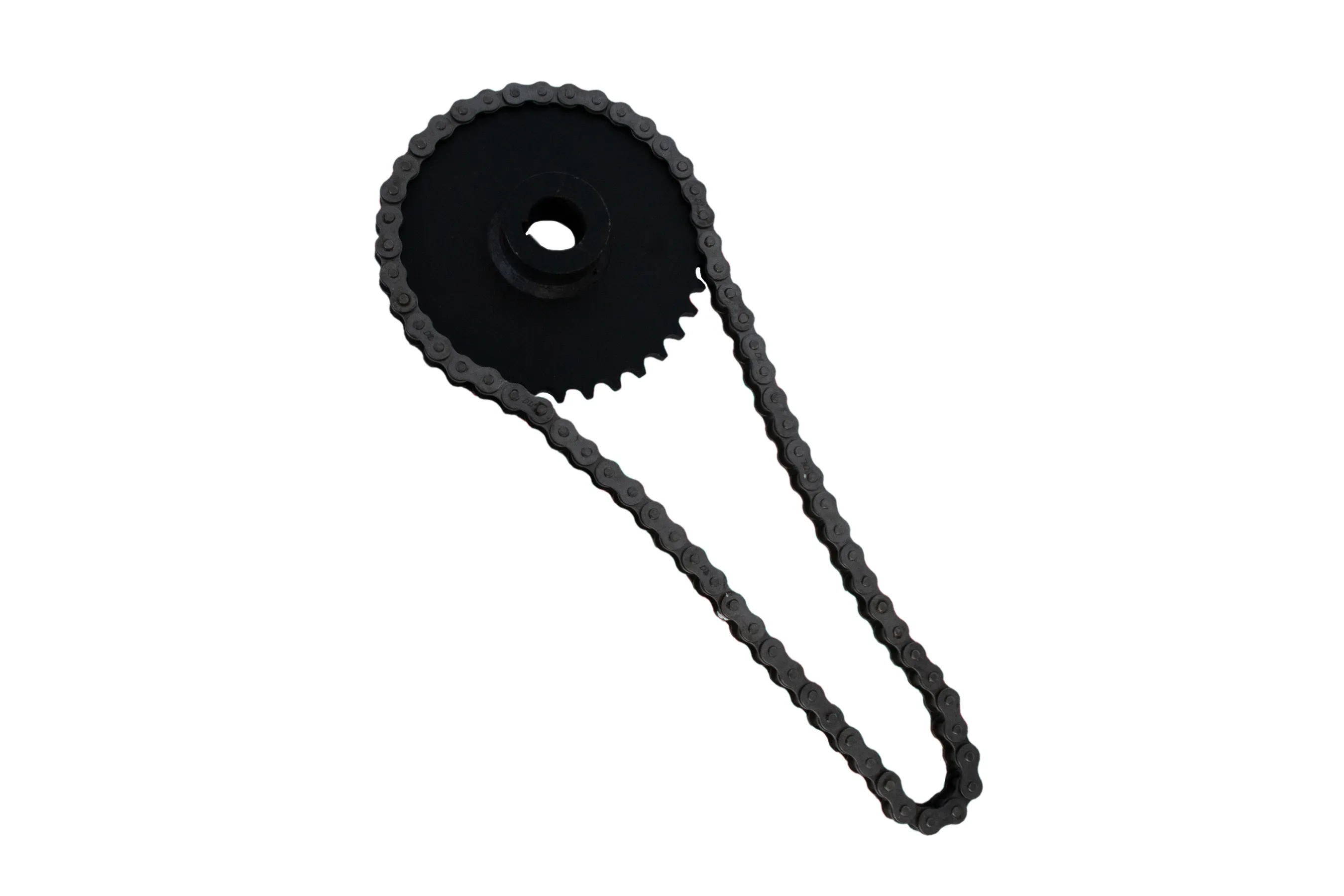 Close-up of a black sprocket with a connected metal chain on a white background.