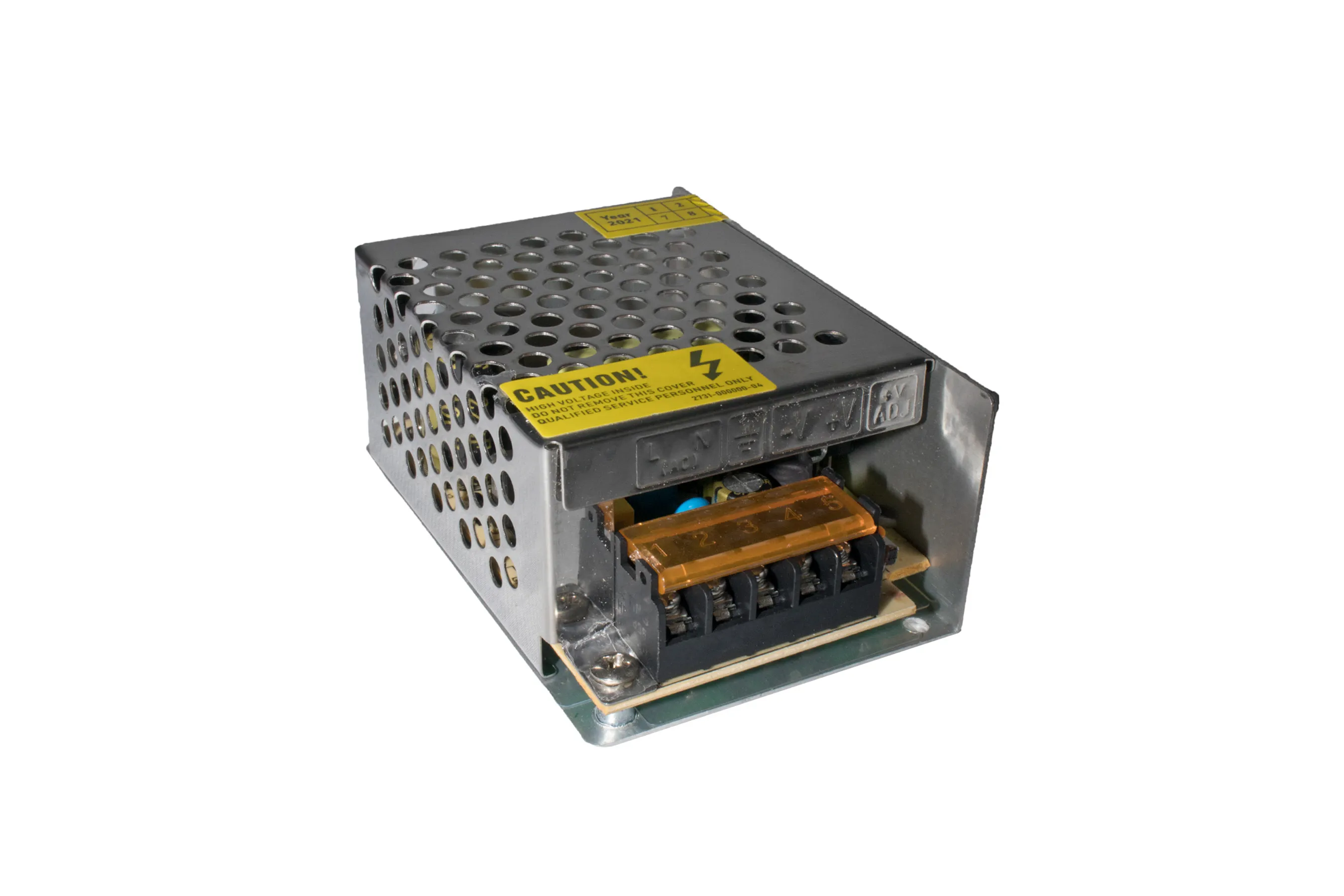 Rectangular metal power supply unit with perforated casing and yellow caution label.