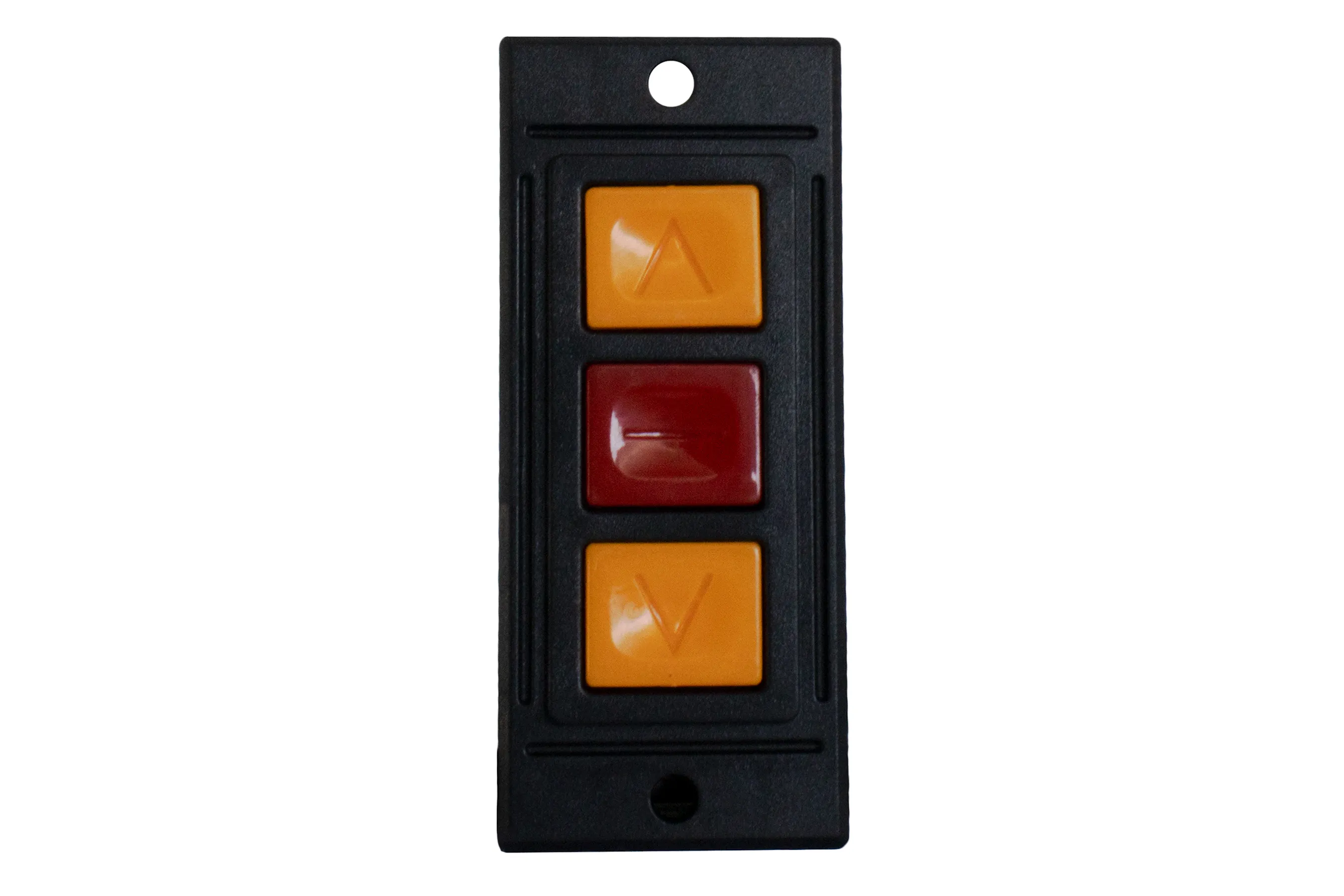 Black rectangular panel with three push buttons: yellow with an up arrow, red with a horizontal dash, and yellow with a down arrow.