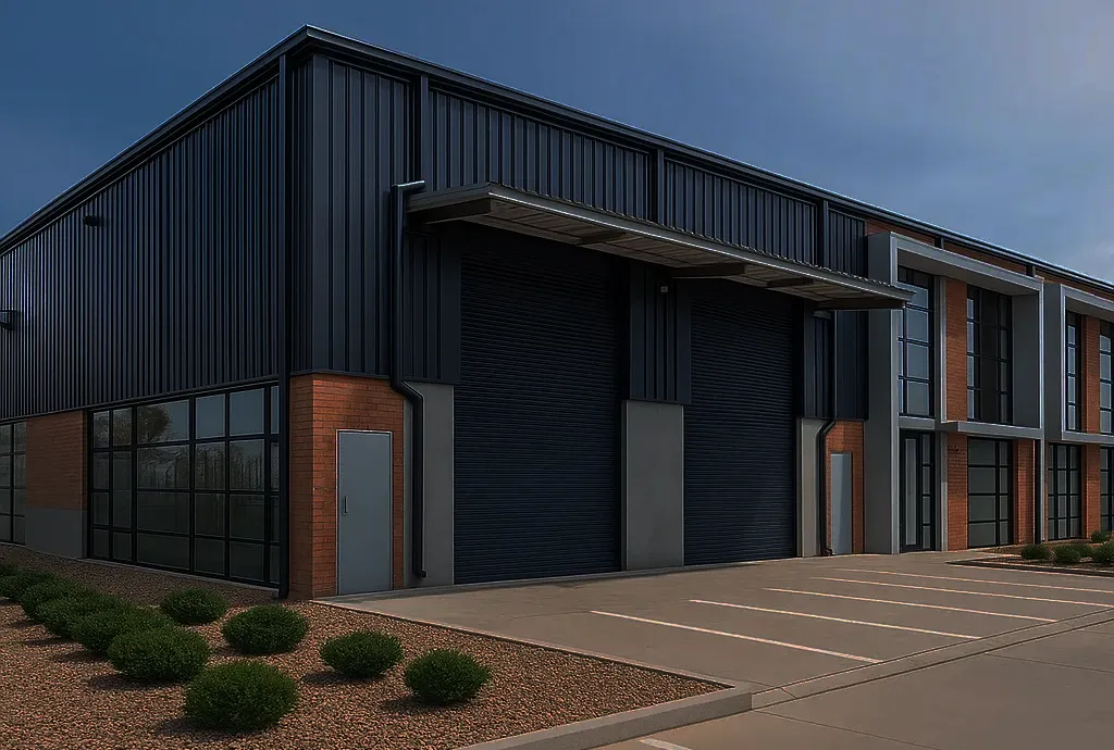 Modern industrial building with dark metal cladding, large black roller doors, brick accents, and landscaped bushes in front.