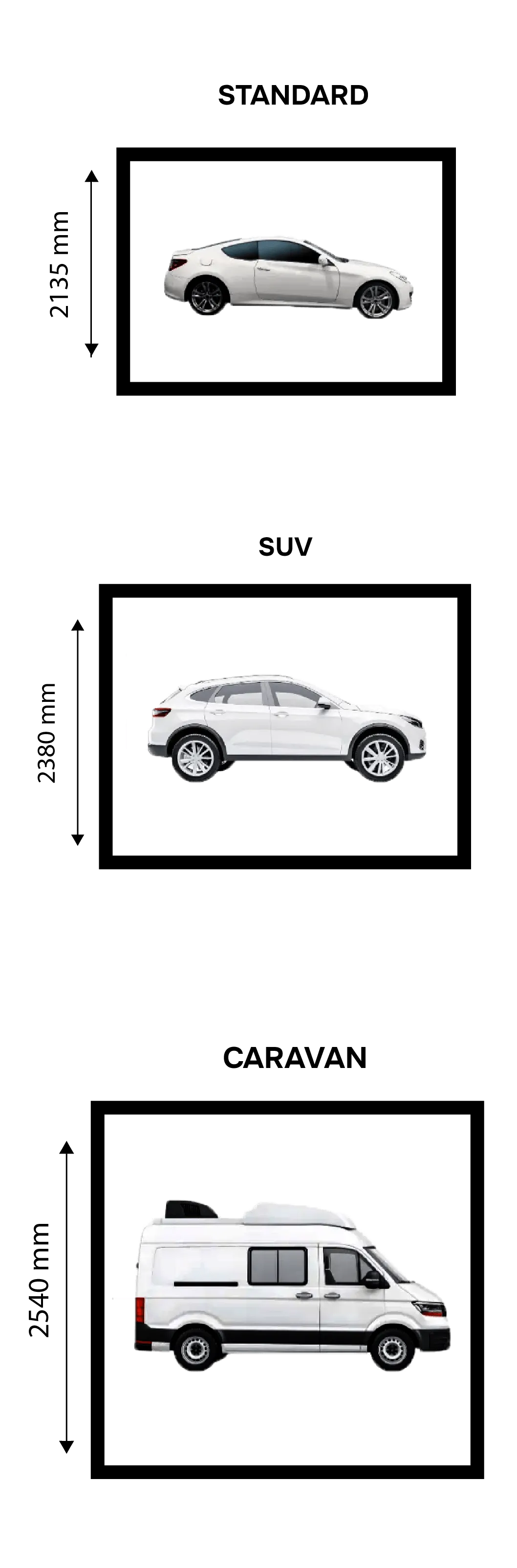 Three white vehicles in side view: a coupe, an SUV, and a camper van, each with their own garage door measurements.