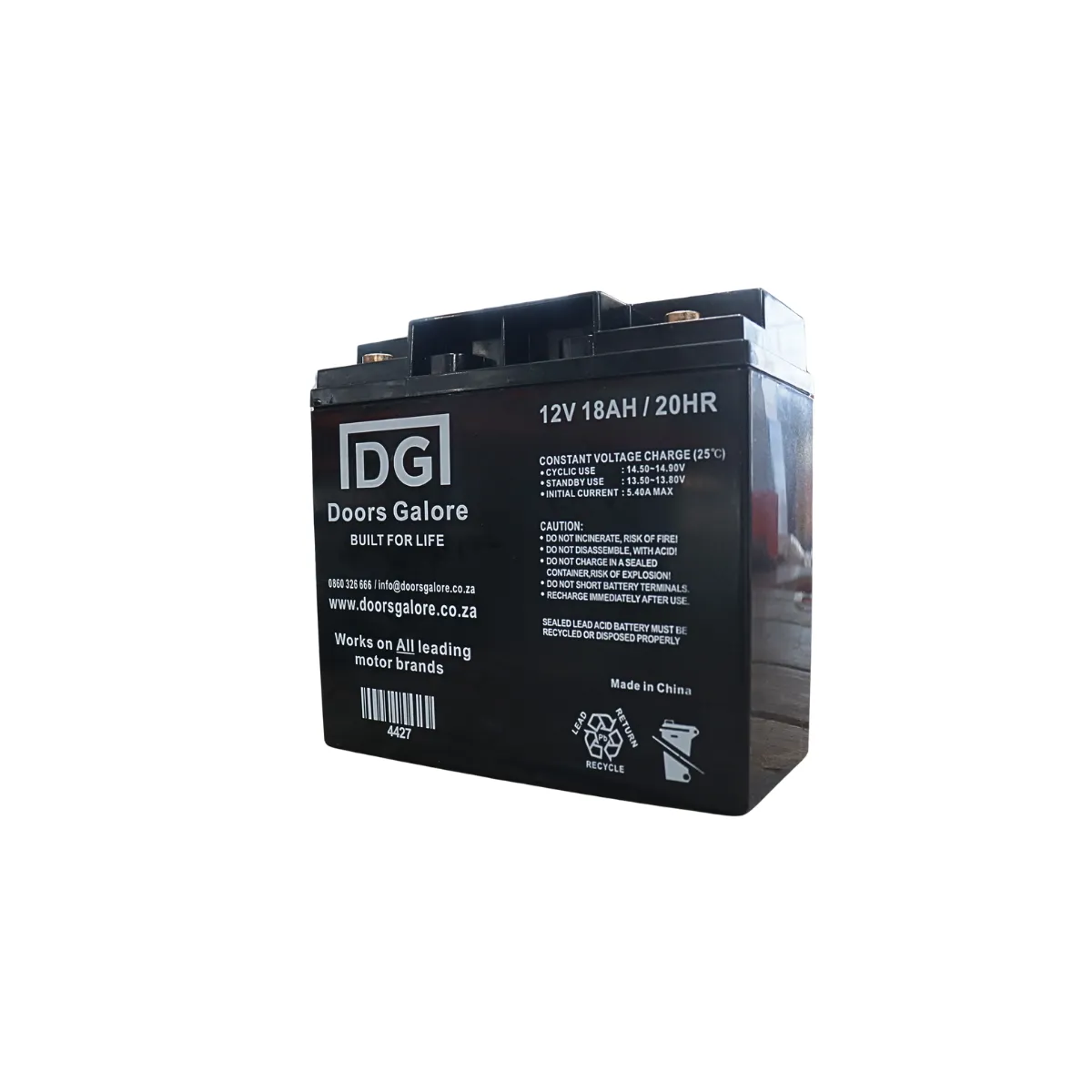Black Doors Galore 12V 18Ah rechargeable battery with safety and usage instructions printed on the front.