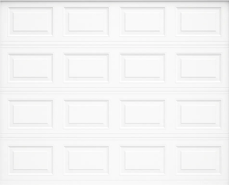White steel garage door with four horizontal panels, each containing four rectangular inset sections.
