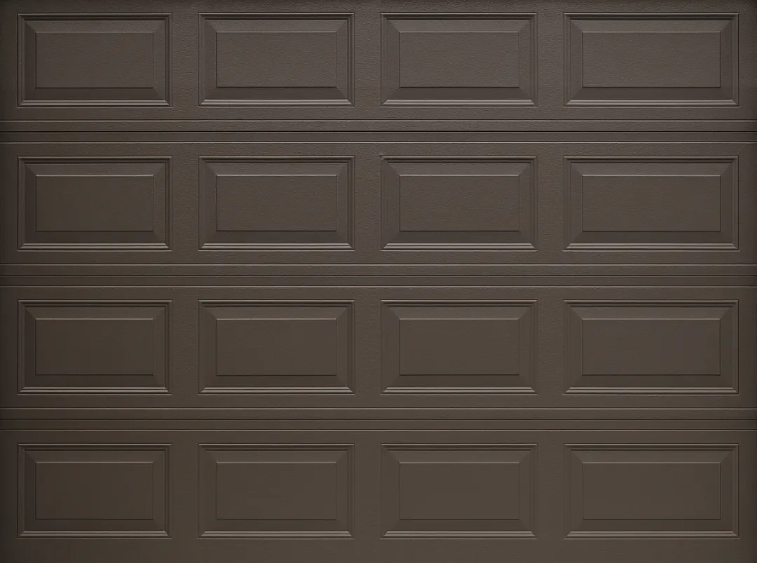 Bronze-colored steel garage door with a rectangular panel design arranged in rows.