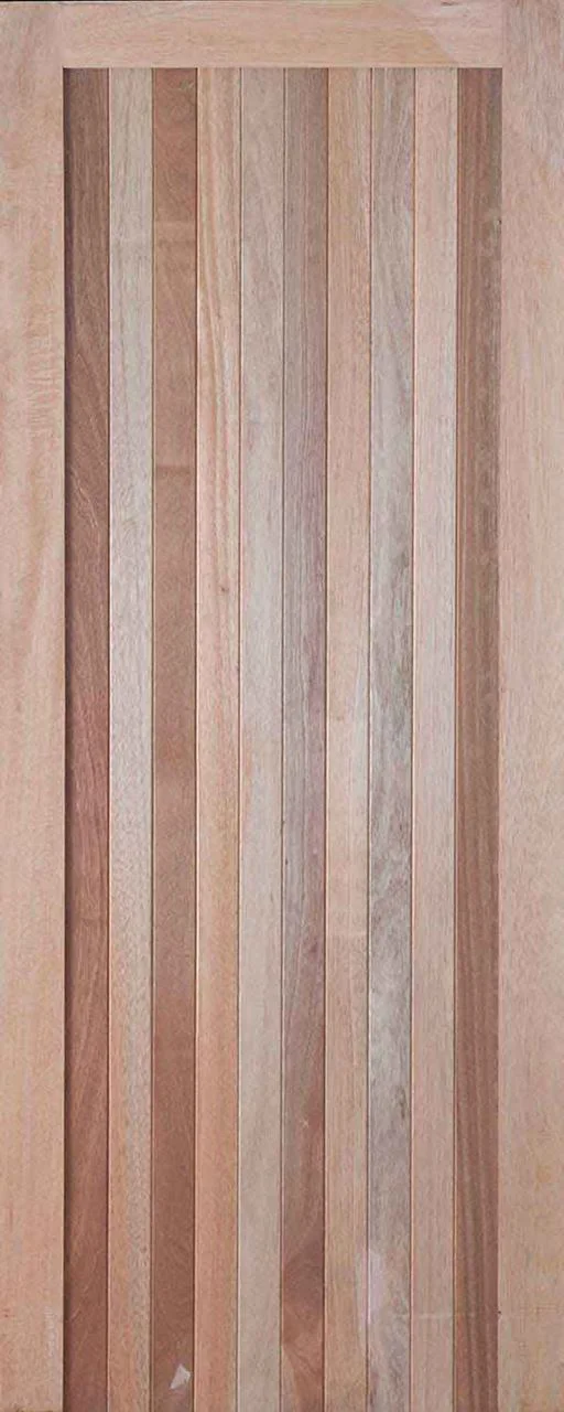 Wooden panel door with vertical strips in various shades of light to medium brown.