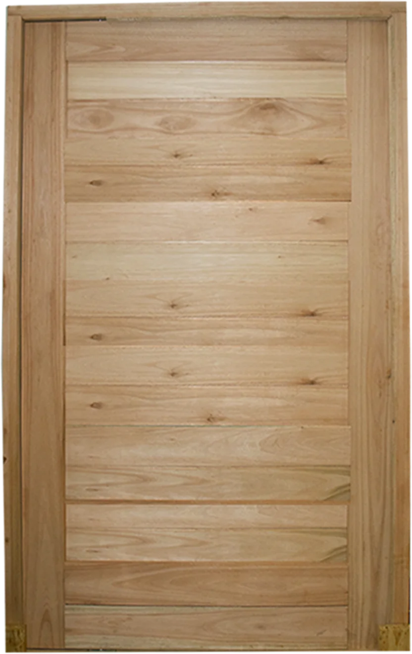 Light wooden panel door with horizontal planks and a darker wooden frame.