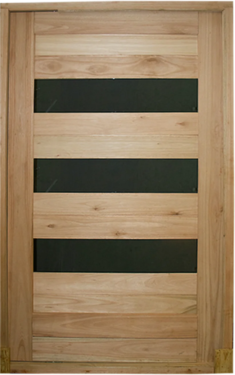 Wooden door with a frame and three horizontal black glass panels evenly spaced.