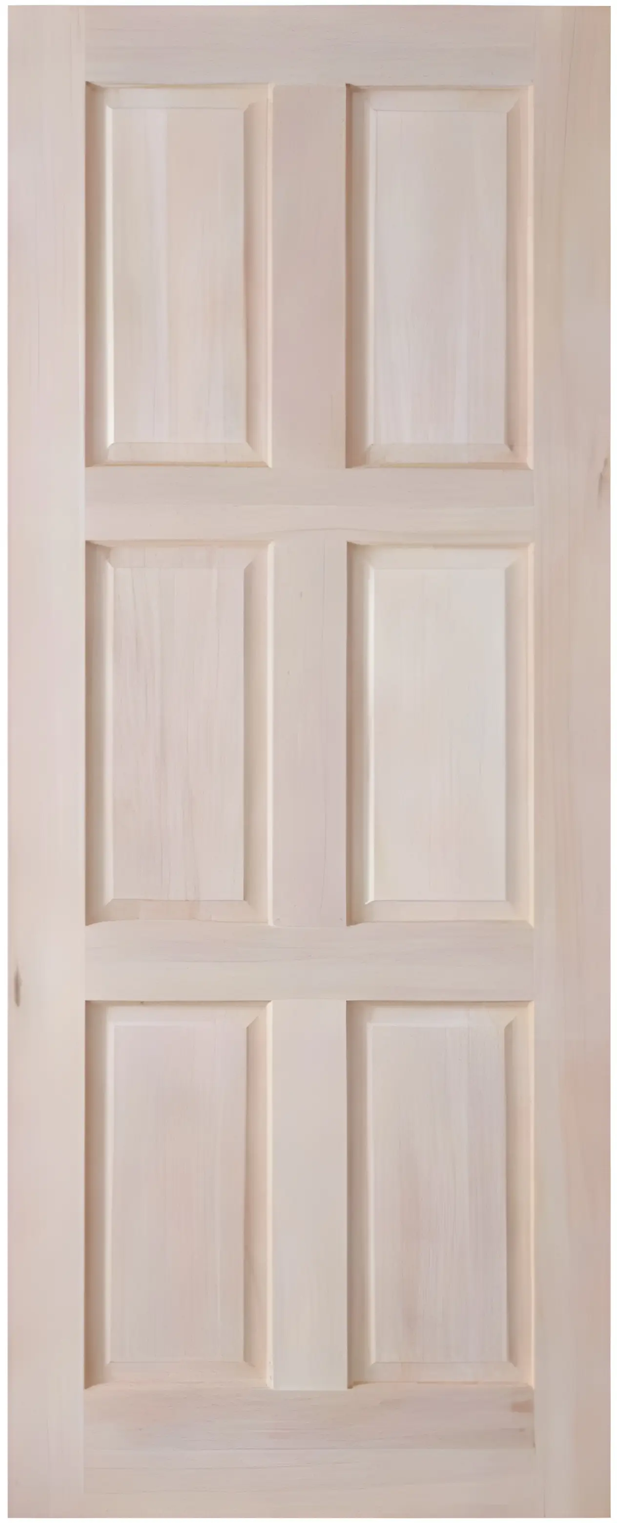 Wooden door with vertical panels and a natural finish in warm lighting.