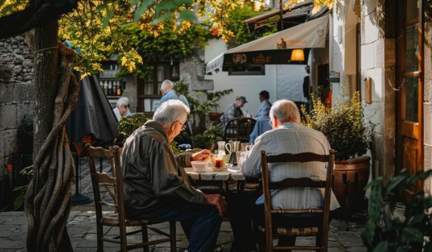 Dos usuarios comiendo en una terraza