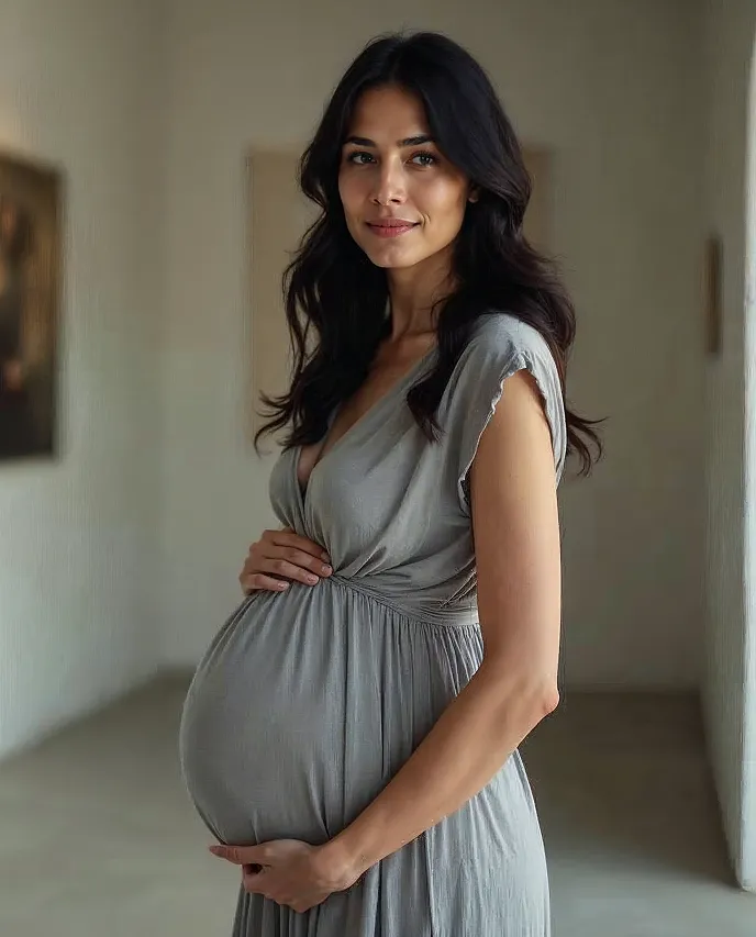 A pregnant woman in a gray dress poses for a picture.