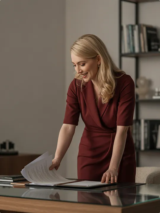 A woman in a red dress is looking at a piece of paper.