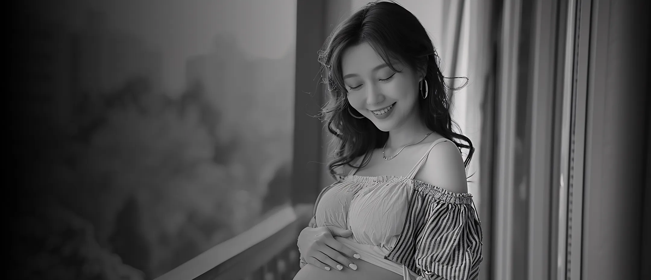 A woman standing next to a window looking at her cell phone.