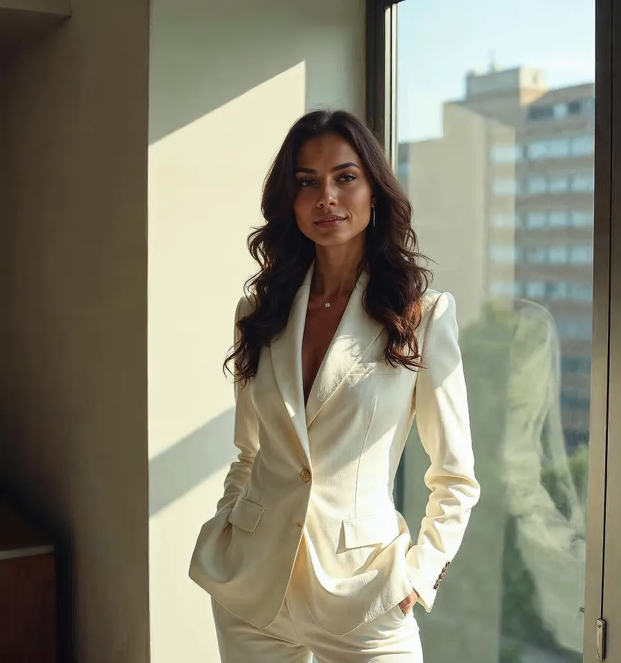 A woman in a white suit standing in front of a window.
