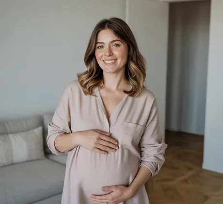 A pregnant woman standing in a living room.