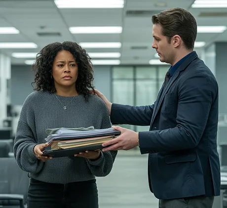 A man and a woman standing in an office.